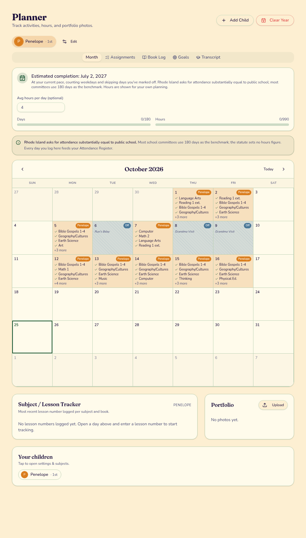 Rhode Island Pennsole Planner with a calendar and per-child subjects