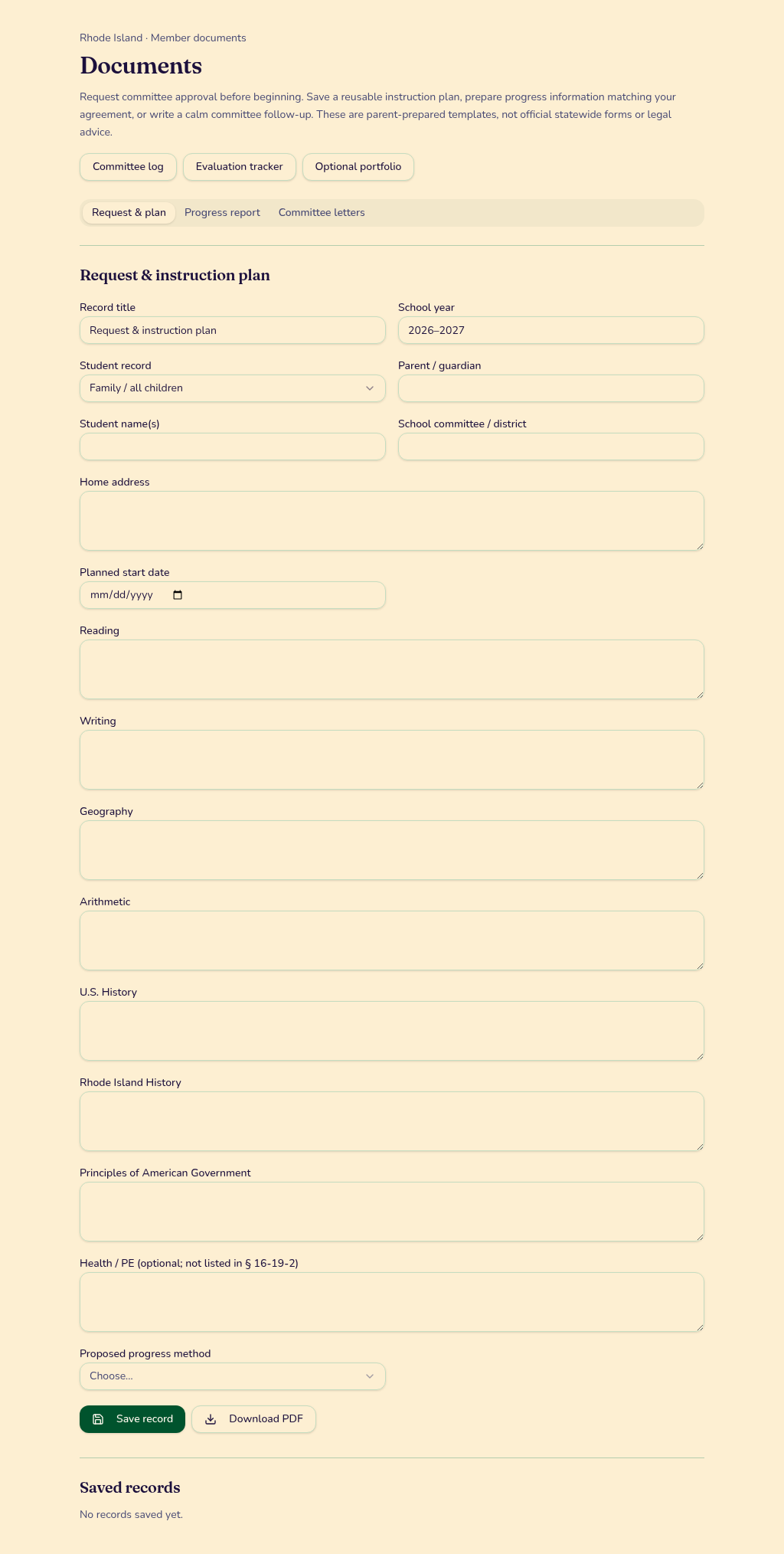 Rhode Island saved request and instruction plan editor