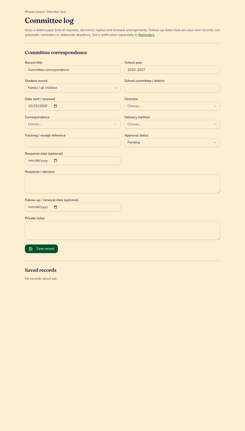Rhode Island committee log for requests, decisions and renewal arrangements