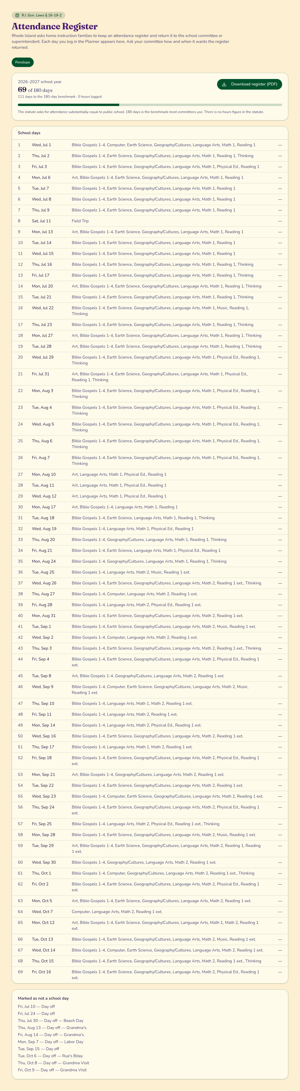 Rhode Island attendance register with recorded school days and PDF download