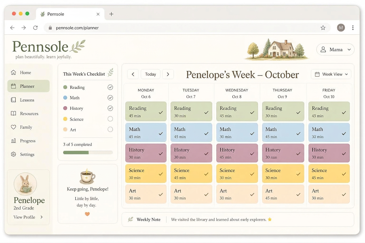 Pennsole weekly planner for a child named Penelope with color-coded subjects