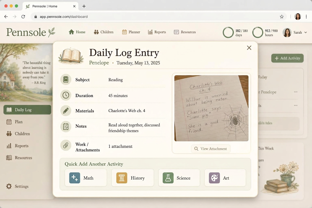 Pennsole daily log entry with photo attachment and progress counters