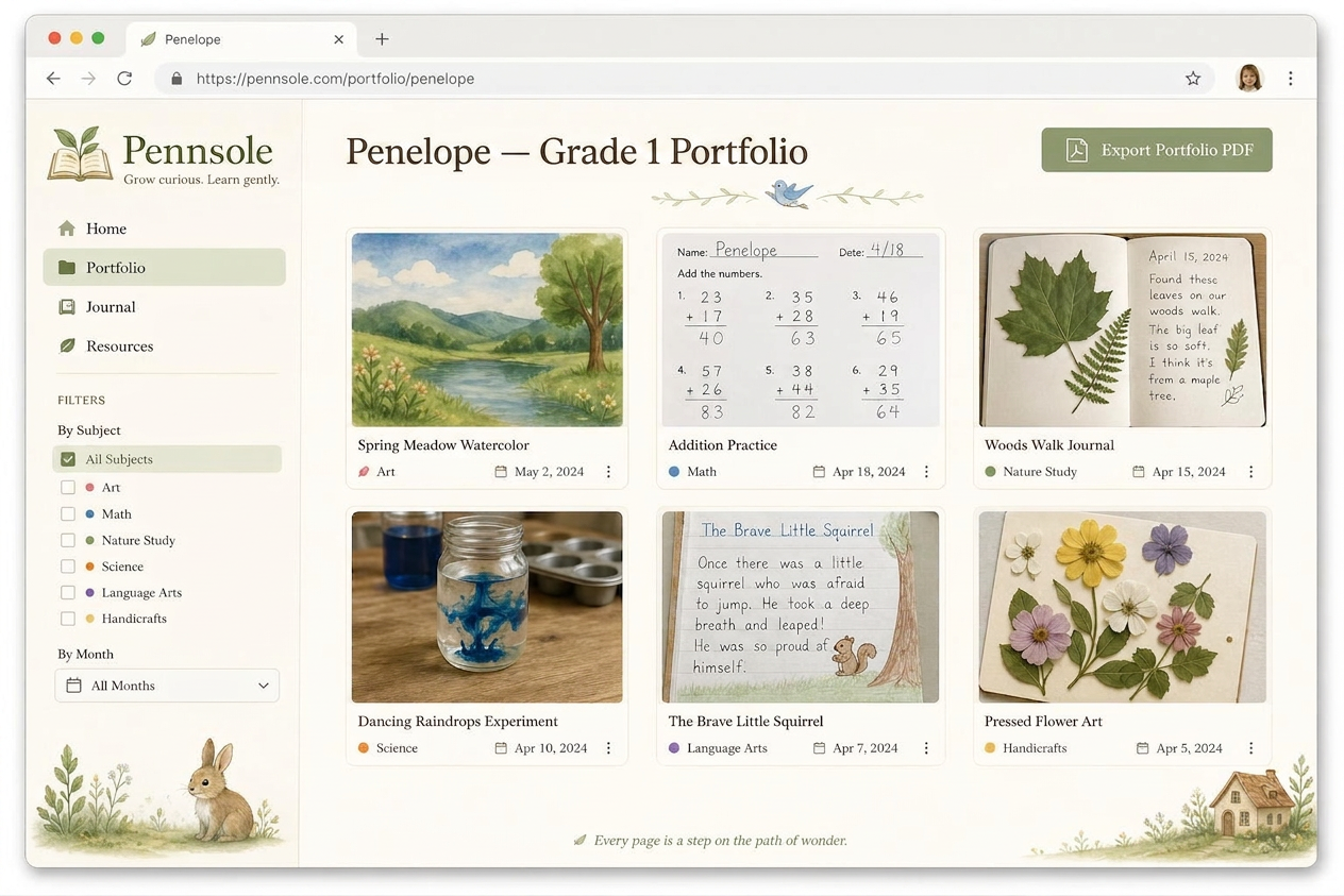 Pennsole portfolio gallery with work samples and export PDF button