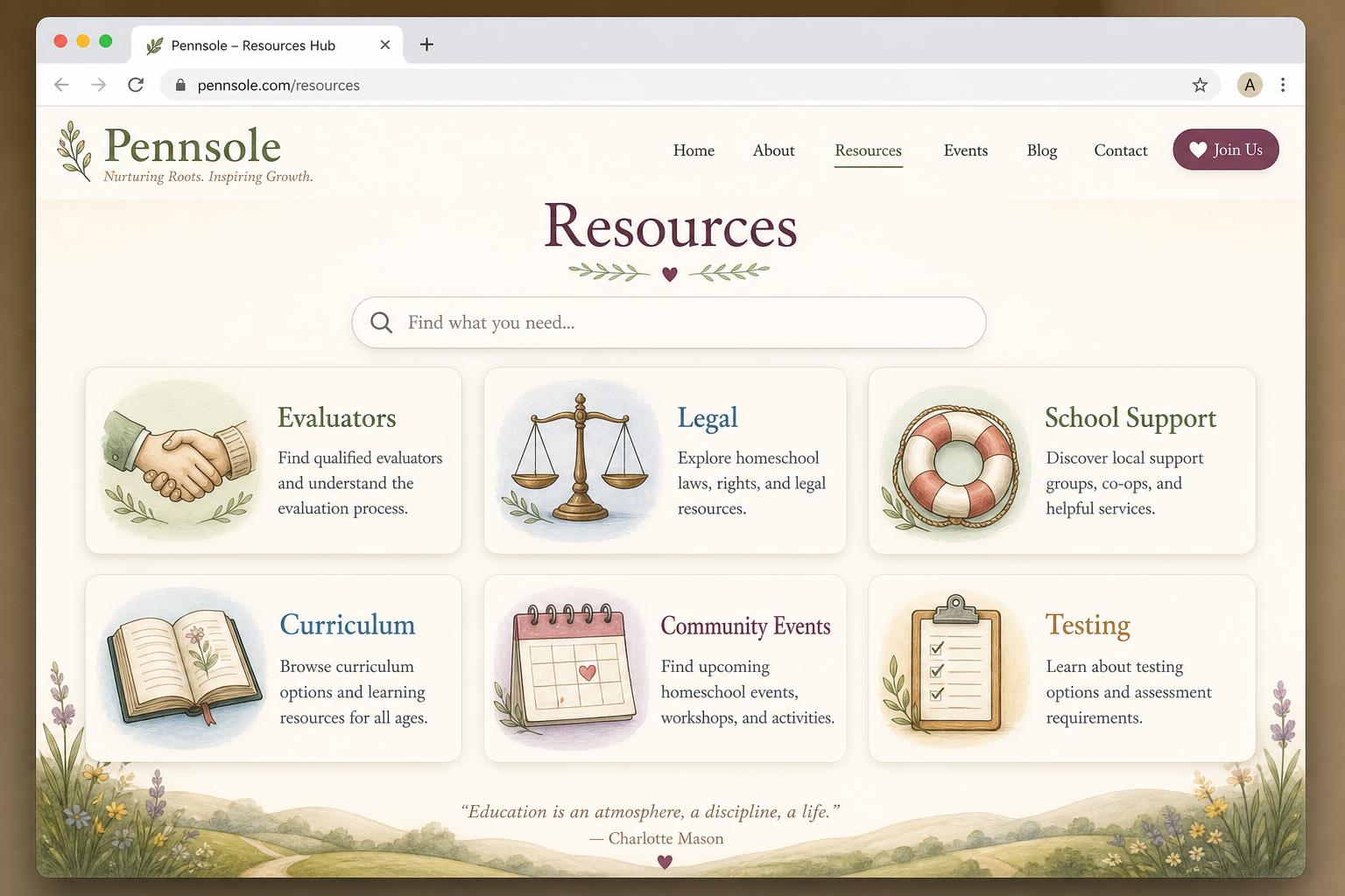 Pennsole Resources Hub with cards for Evaluators, Legal, School Support, Curriculum, Community Events, and Testing
